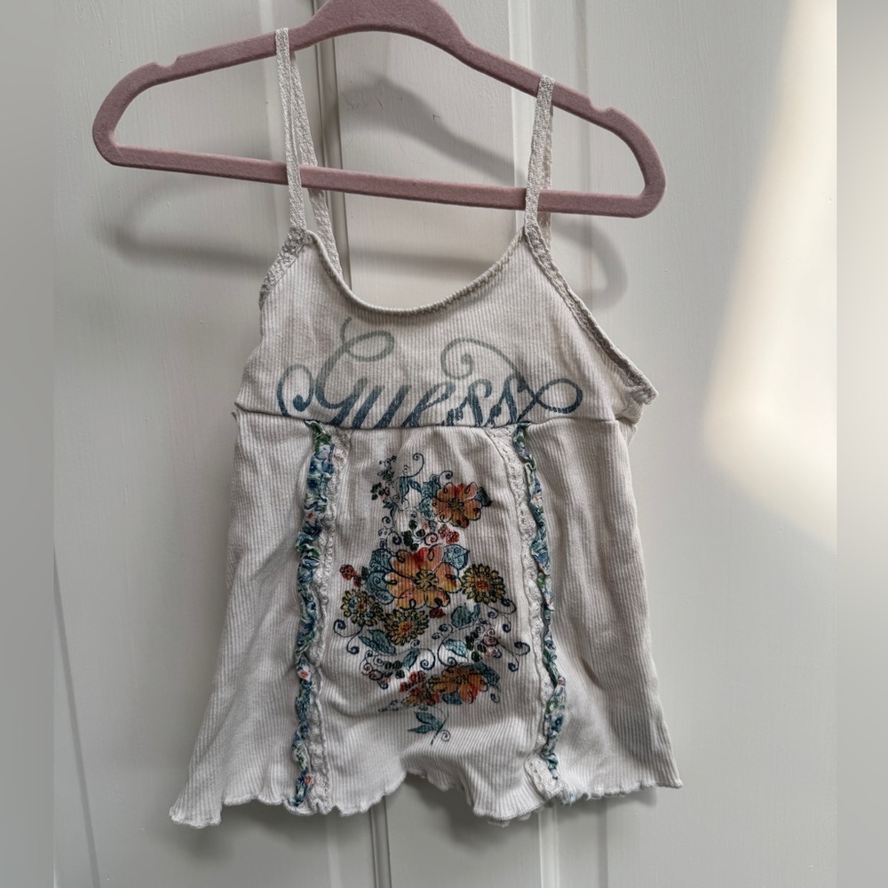 Guess 3T Girls White Floral Camisole with Ruffled Edges